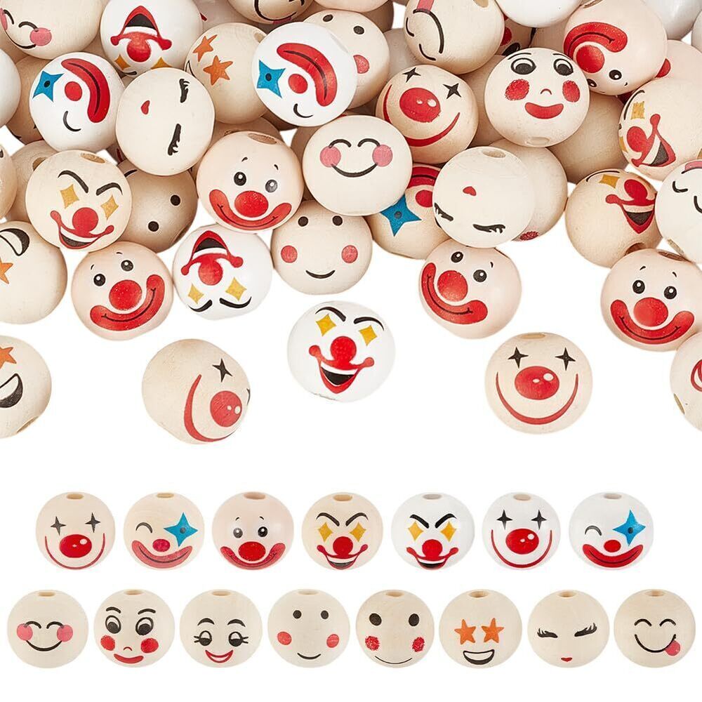 8226 150pcs 15 Styles Smiling Face Wood Beads, 20mm Clown Wooden Beads Ball